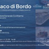 Locandina del workshop “Il Farmaco di Bordo”, organizzato da Petrone Group e Farmacie Internazionali in collaborazione con Confitarma. L’evento si è tenuto il 26 maggio 2025 presso la Sala Antonio d’Amico a Roma, con relatori Massimo Petrone e Giuseppina Ronga. Include immagini di navi mercantili e da crociera, loghi degli organizzatori e QR code per la registrazione.